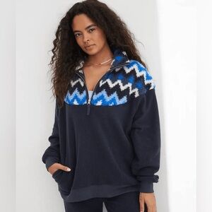 Aerie Sweater Women Large Chevron Fleece Hometown Holiday 1/4 Zip Pullover
